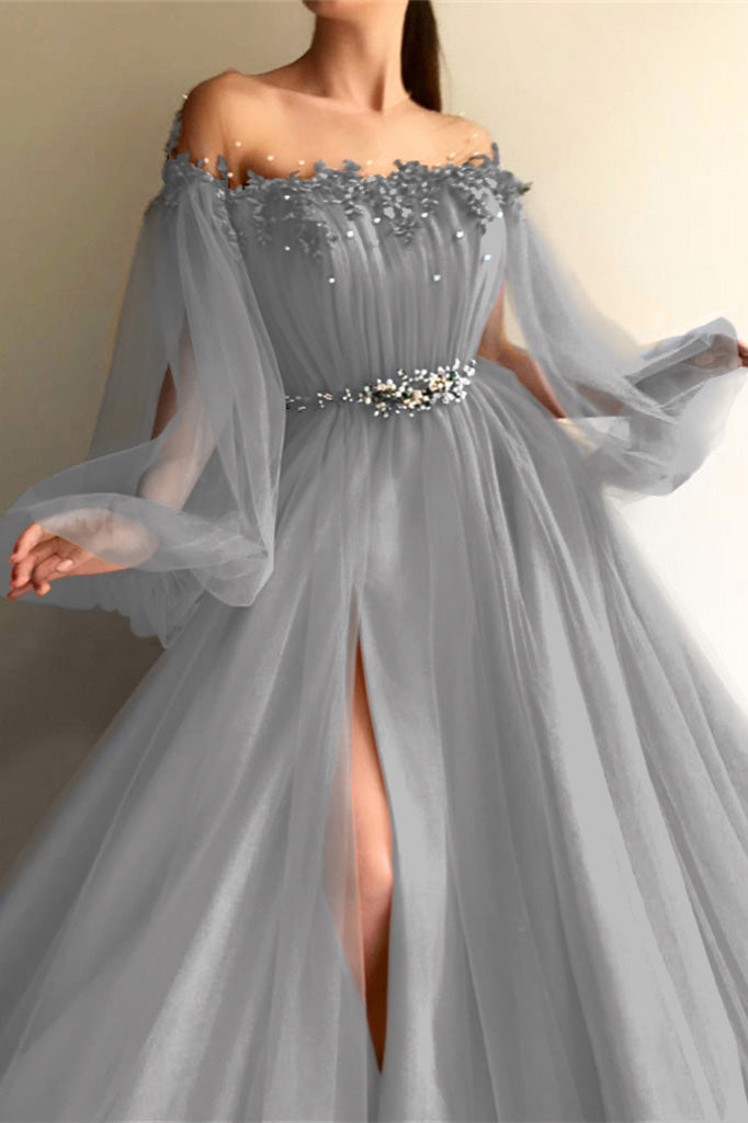 Newinlook Long Sleeves Off-the-Shoulder Evening Dress With Beads