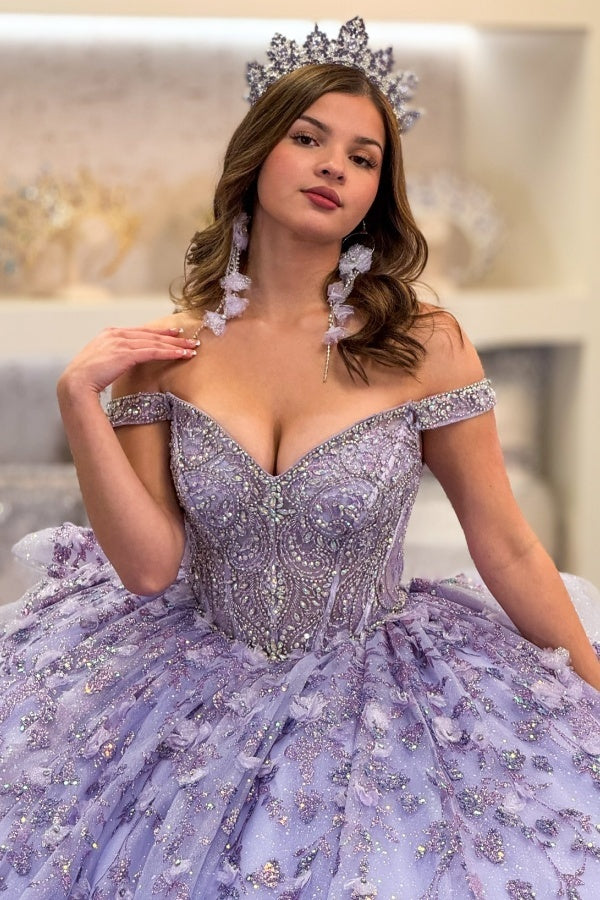 Lilac Sparkle Ball Gown Off-Shoulder Beaded Quinceanera Dress with 3D Floral Appliques & Tiered Tulle Skirt for Sweet 16 & Birthday Parties