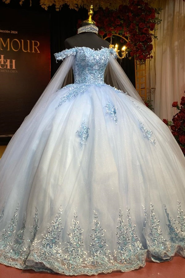 Baby Blue Ball Gown Off-Shoulder Sequined Tulle Quinceanera Dress for Sweet 16 & Formal Events