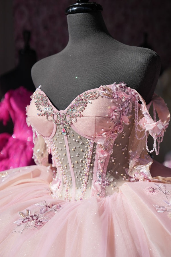 Exquisite Ball Gown Off-Shoulder Sleeveless Beaded Crystal Tulle Quinceanera Dress for Sweet 16 & Birthday Parties