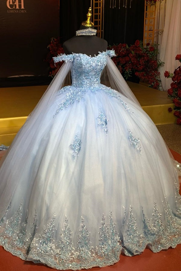 Baby Blue Ball Gown Off-Shoulder Sequined Tulle Quinceanera Dress for Sweet 16 & Formal Events