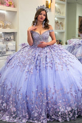 Lilac Sparkle Ball Gown Off-Shoulder Beaded Quinceanera Dress with 3D Floral Appliques & Tiered Tulle Skirt for Sweet 16 & Birthday Parties