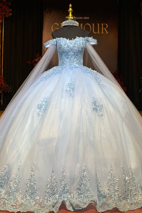 Baby Blue Ball Gown Off-Shoulder Sequined Tulle Quinceanera Dress for Sweet 16 & Formal Events