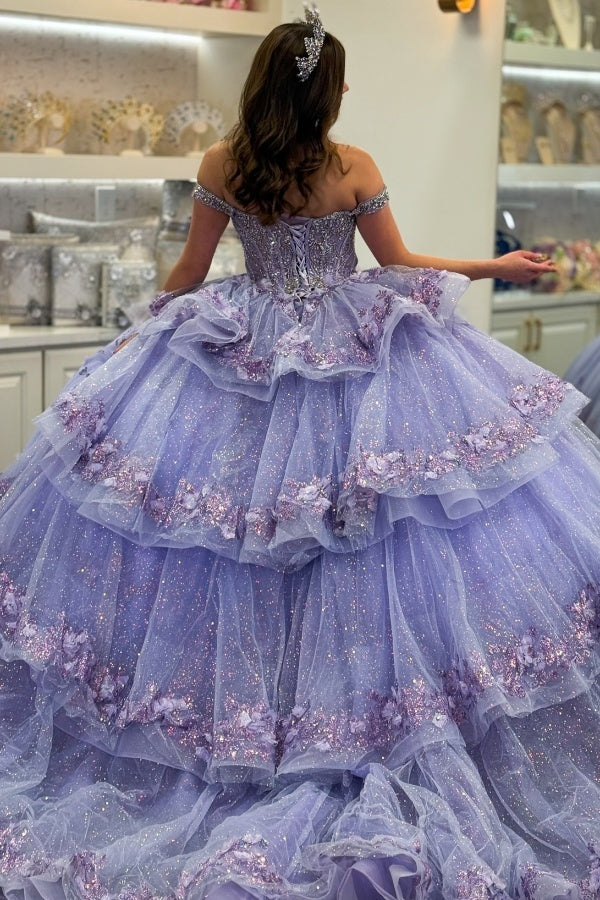 Lilac Sparkle Ball Gown Off-Shoulder Beaded Quinceanera Dress with 3D Floral Appliques & Tiered Tulle Skirt for Sweet 16 & Birthday Parties