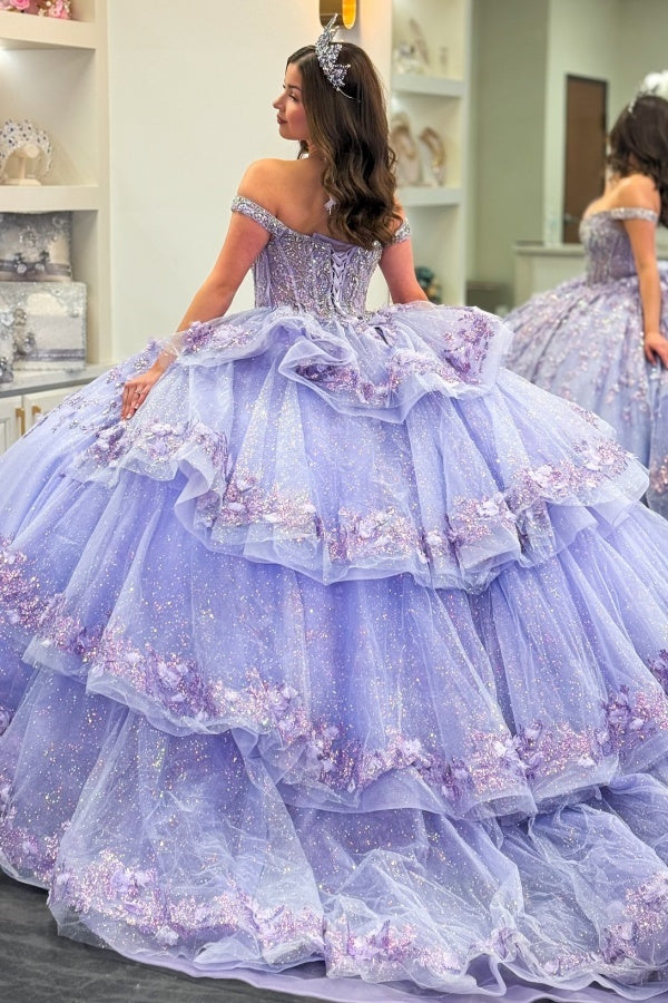 Lilac Sparkle Ball Gown Off-Shoulder Beaded Quinceanera Dress with 3D Floral Appliques & Tiered Tulle Skirt for Sweet 16 & Birthday Parties