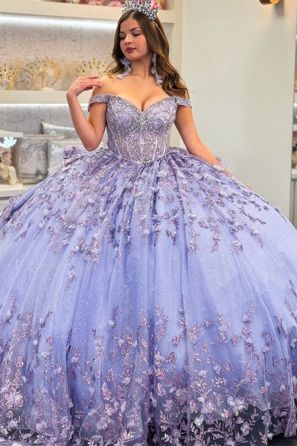 Lilac Sparkle Ball Gown Off-Shoulder Beaded Quinceanera Dress with 3D Floral Appliques & Tiered Tulle Skirt for Sweet 16 & Birthday Parties