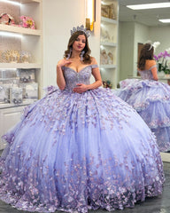 Lilac Sparkle Ball Gown Off-Shoulder Beaded Quinceanera Dress with 3D Floral Appliques & Tiered Tulle Skirt for Sweet 16 & Birthday Parties