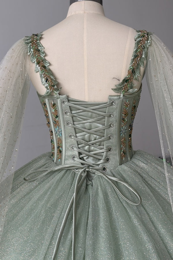 Sage Green Beaded Ball Gown Sweetheart Neckline Sparkling Tulle Quinceanera Dress for Sweet 16 & Formal Evenings