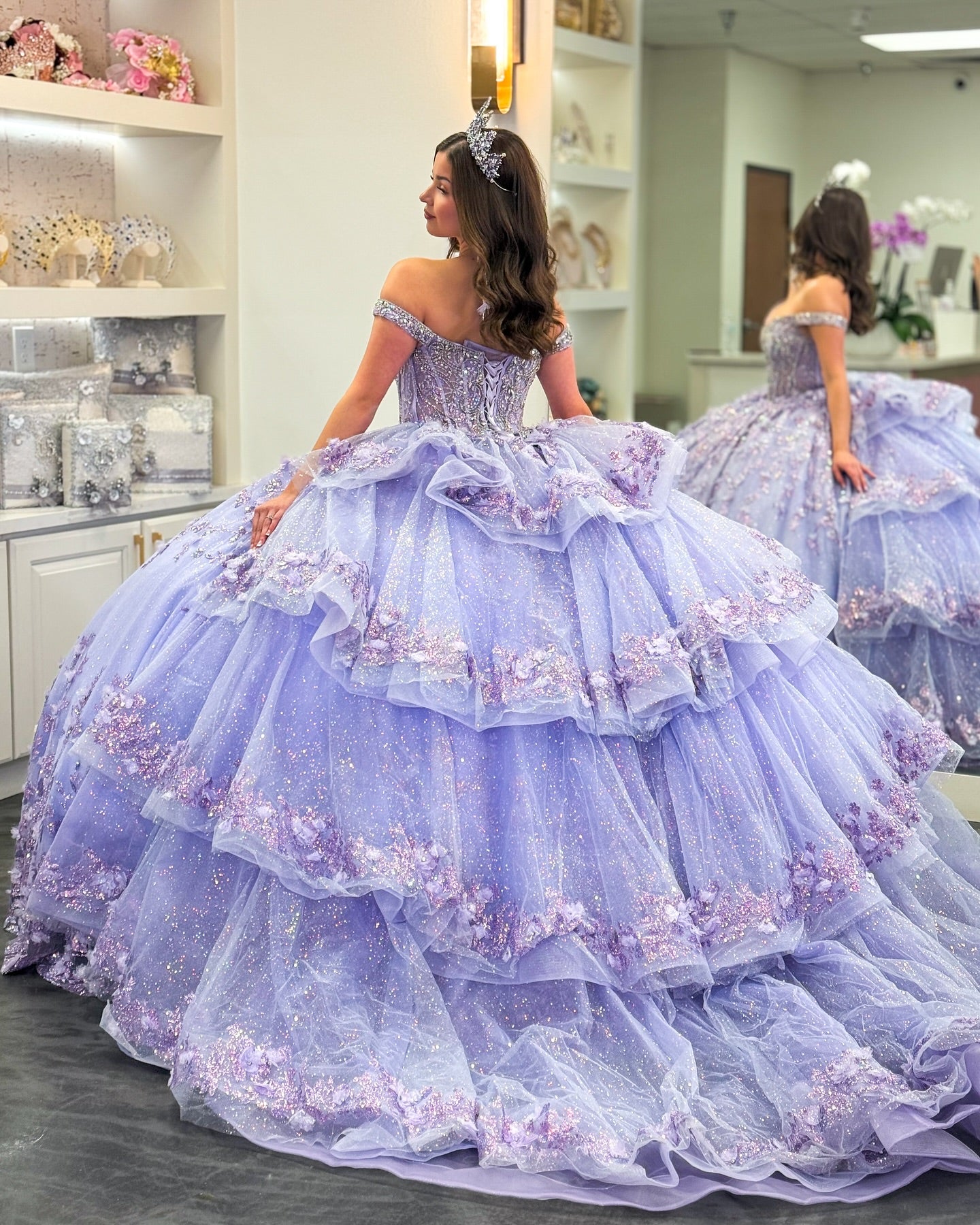 Lilac Sparkle Ball Gown Off-Shoulder Beaded Quinceanera Dress with 3D Floral Appliques & Tiered Tulle Skirt for Sweet 16 & Birthday Parties