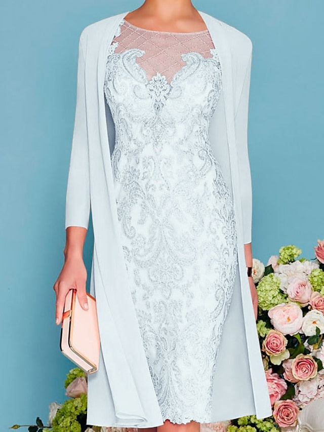 Long-Sleeve Knee-Length Sheath/Column Mother of the Bride Dress with Lace Beading Appliques