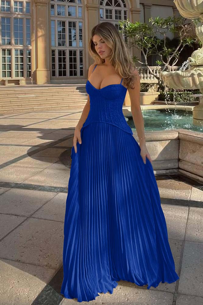 Spaghetti Strap Sleeveless Long Formal Dress With Ruffles Embroidery