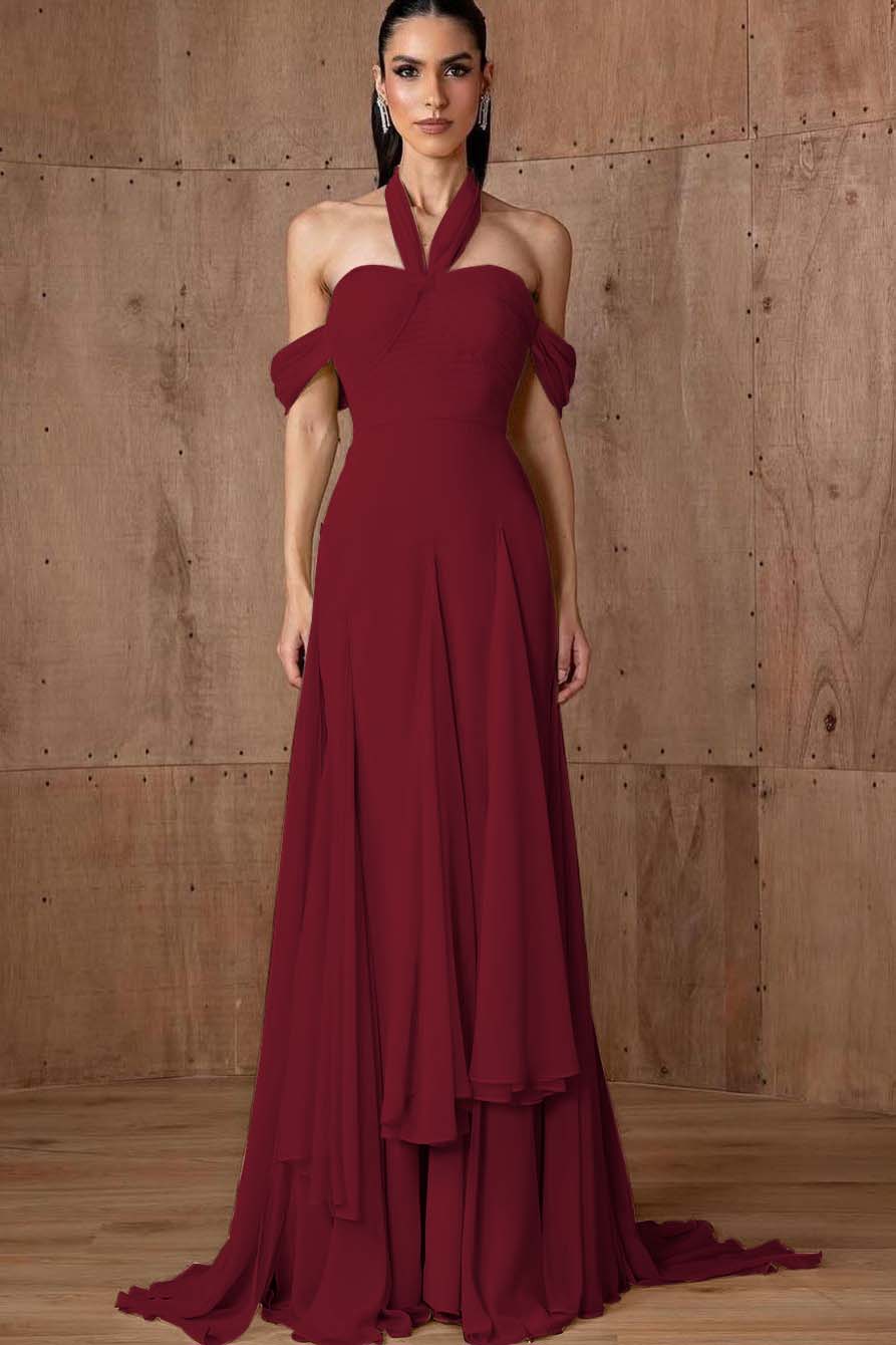 Halter Off the Shoulder Sleeveless Long Formal Dress With Ruffles