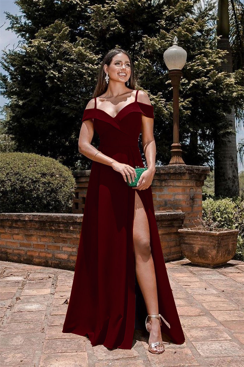 Newinlook Burnt Orange Evening Dress Spaghetti-Straps Split Sweetheart Off-The-Shoulder