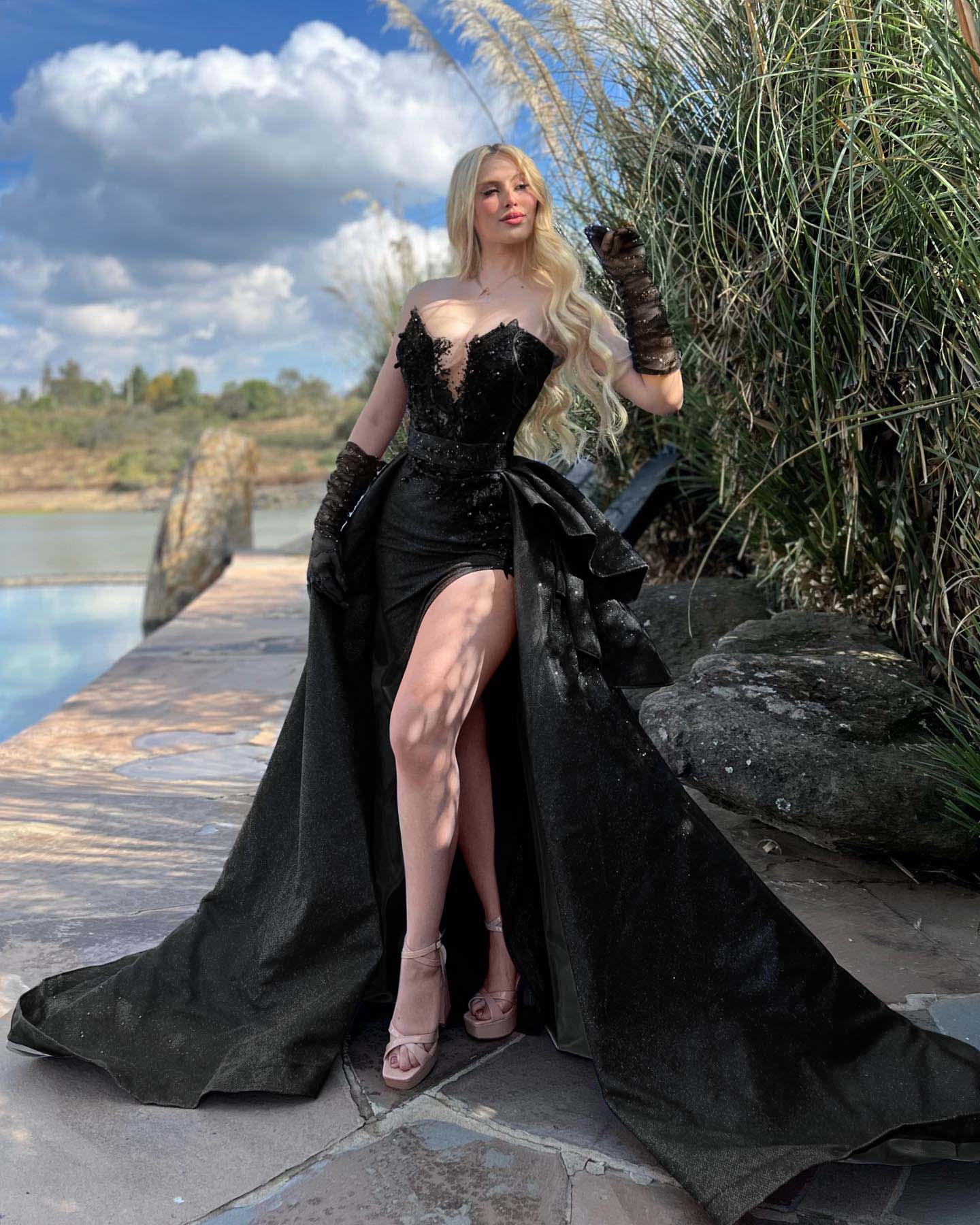 Strapless Sleeveless Long Split Formal Dress With Gloves Beading