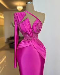 Newinlook Noble Fuchsia One Shoulder Long Sleeve Mermaid Evening Dress With Beads