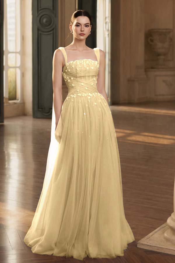 Stunning Tulle Straps Sleeveless Long Formal Dress With Beading