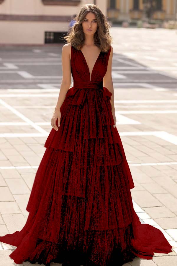 Tulle Straps V Neck Sleeveless Long Formal Dress With Sequin Pleated