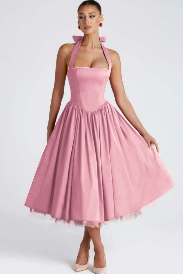 Halter Sleeveless Long A Line Formal Dress With Pleated Tulle