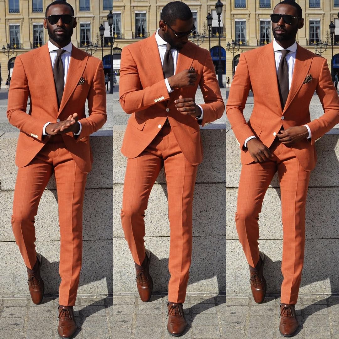 Newinlook New Arrival Casual Orange Wedding Suit with Peaked Lapel for Groom and Groomsmen