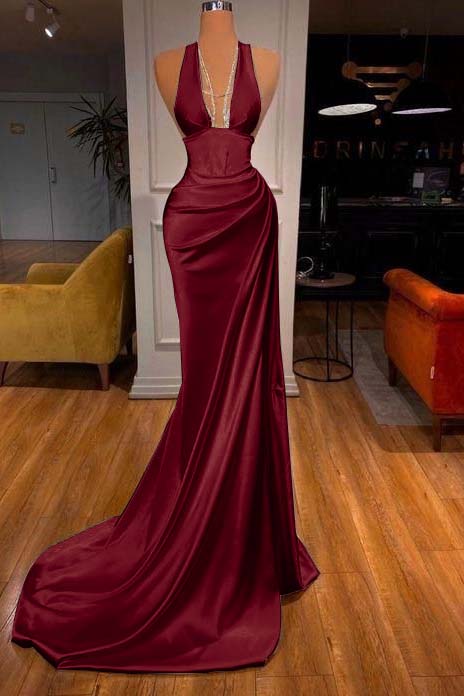 Halter Deep V Neck Sleeveless Mermaid Long Formal Dress Elegant With Ruffles