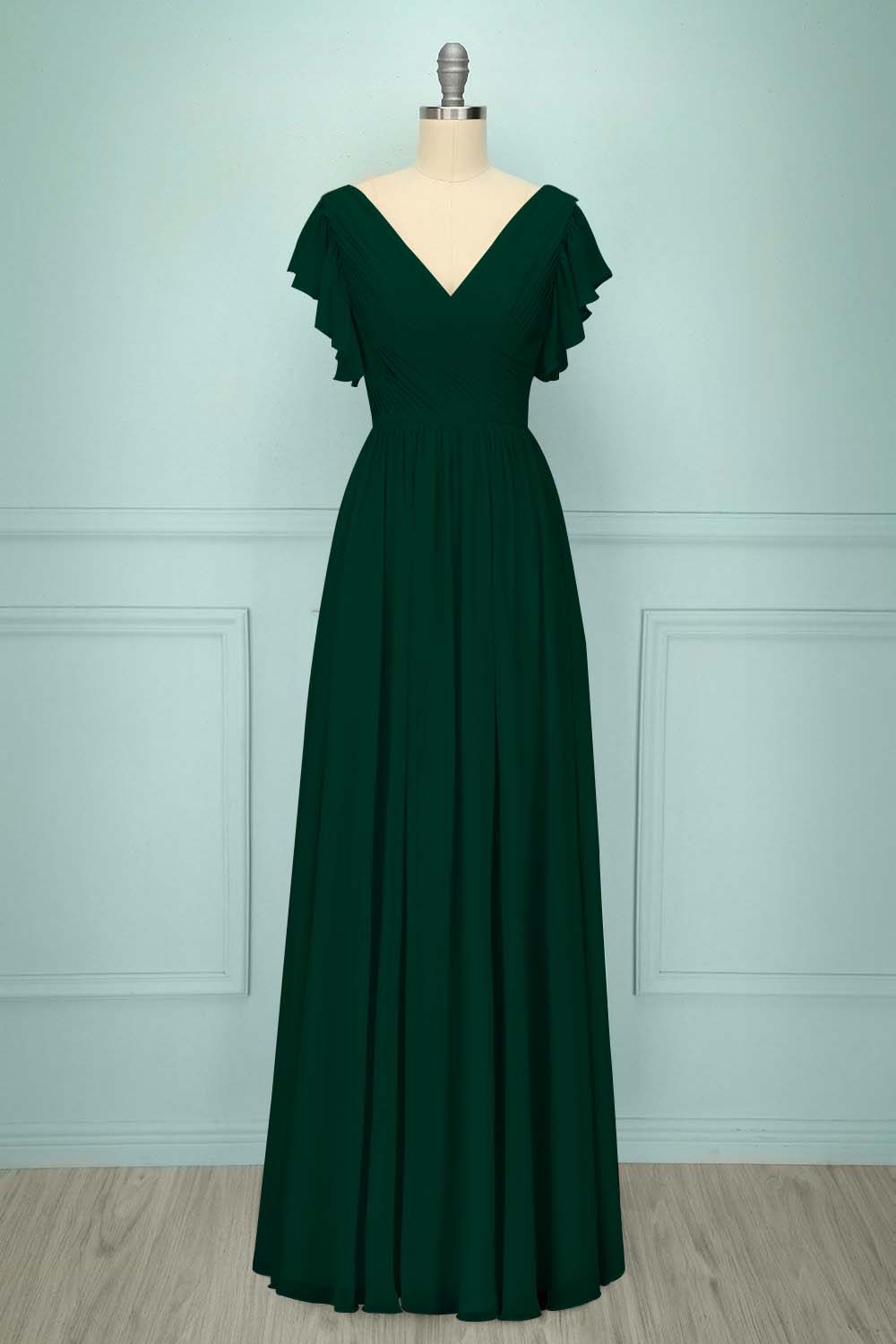 Chiffon V Neck Sleeveless Long Formal Dress With Pleated Ruffle