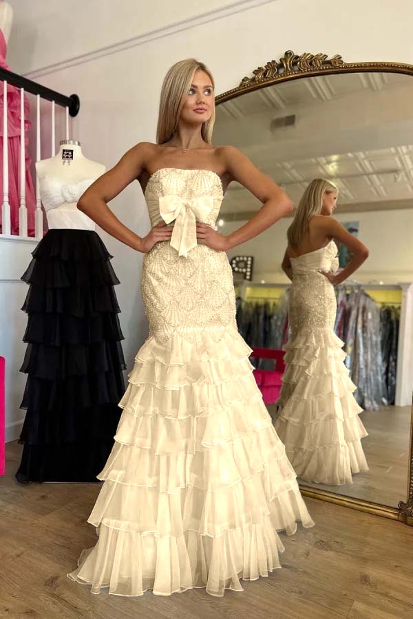 Strapless Sleeveless Long Mermaid Formal Dress With Beading Ruffle