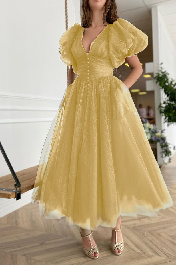 Newinlook Dark Green Evening Dress A-Line With Short Sleeves V-Neck