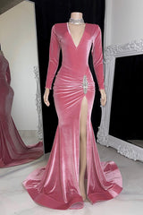 Red Long Formal Dress Long Sleeves Simple With High Split Pleated