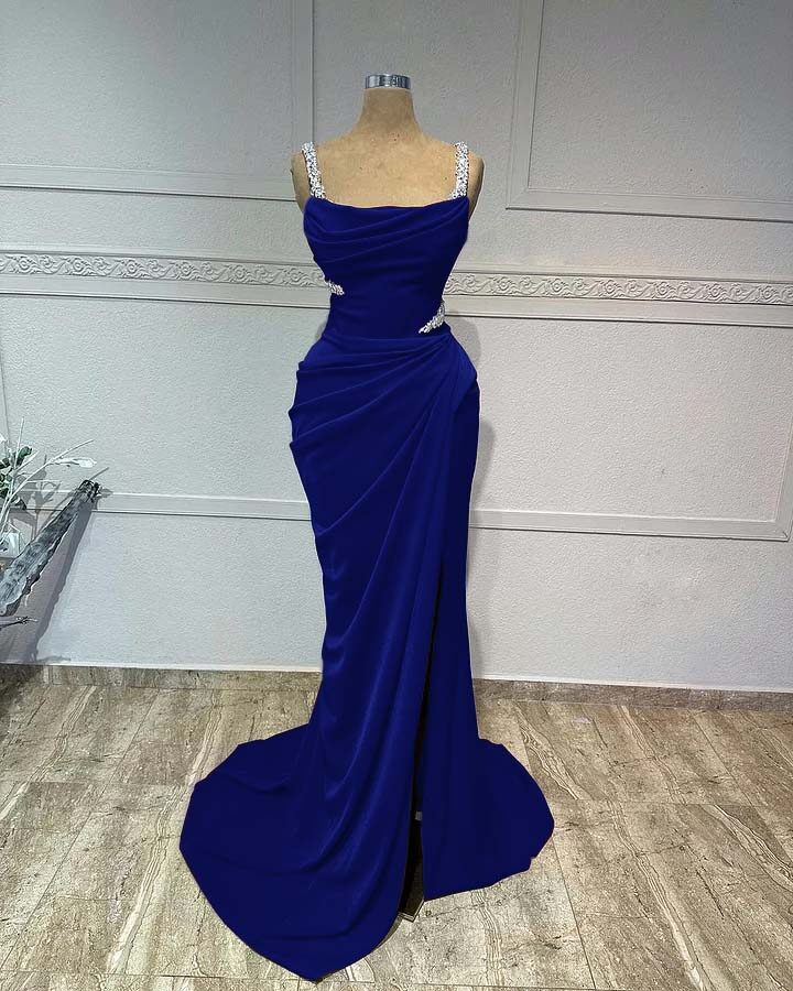 Straps Sleeveless Long Mermaid Formal Dress With Pleated Sequins