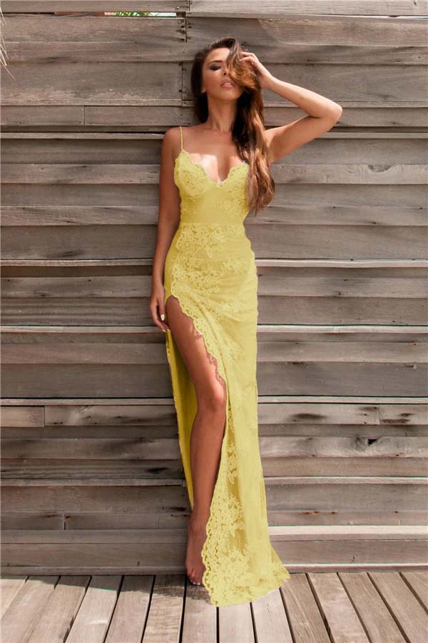Newinlook Spaghetti-Strap Lace Evening Dress With Slit