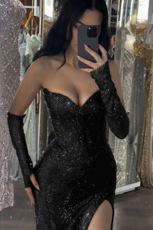 Sequin Strapless Long Mermaid Formal Dress With Split Detachable sleeves