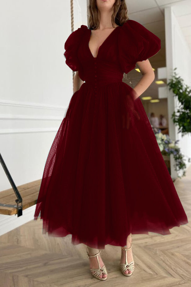 Newinlook Dark Green Evening Dress A-Line With Short Sleeves V-Neck