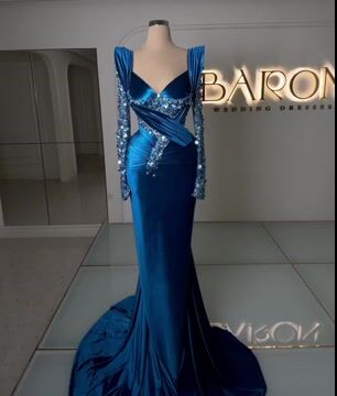 Formal Dress Royal Blue Long Sleeves Mermaid Charmeuse Beading