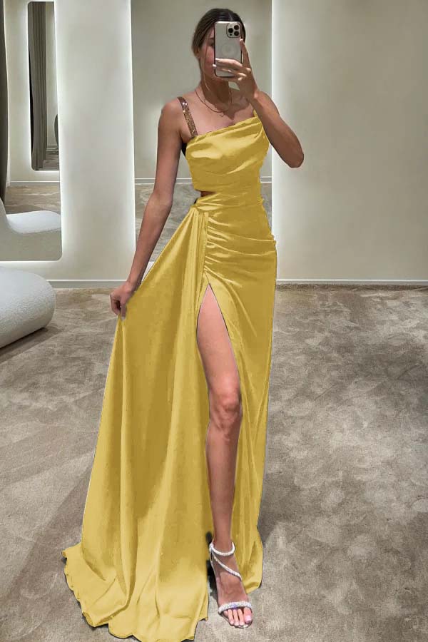 Spaghetti Strap Sleeveless Long High Split Formal Dress With Ruffles