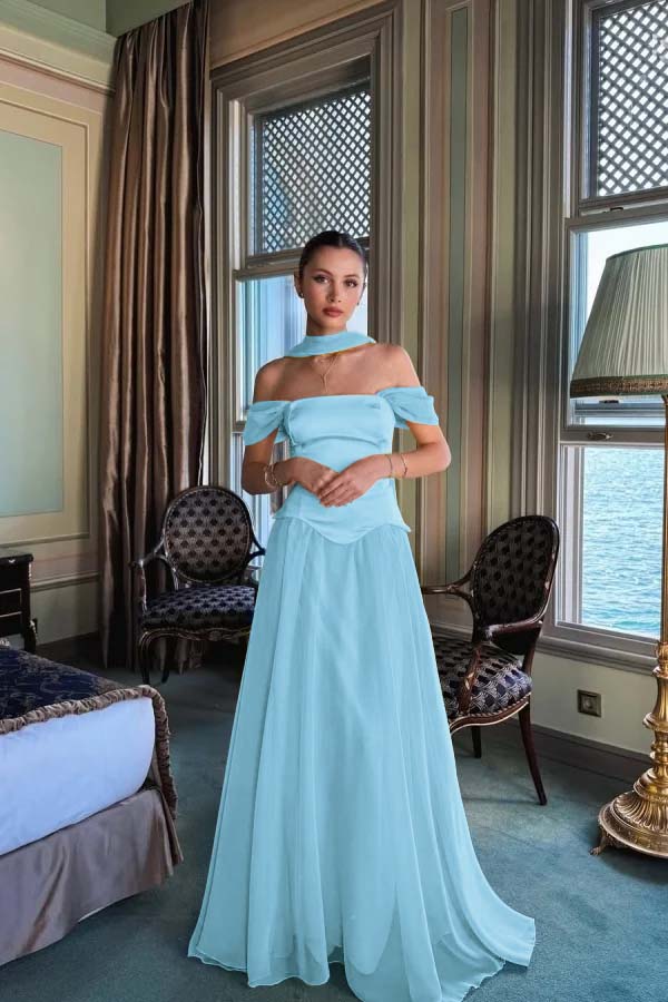 Stunning Off the Shoulder Sleeveless Long Formal Dress With Pleated