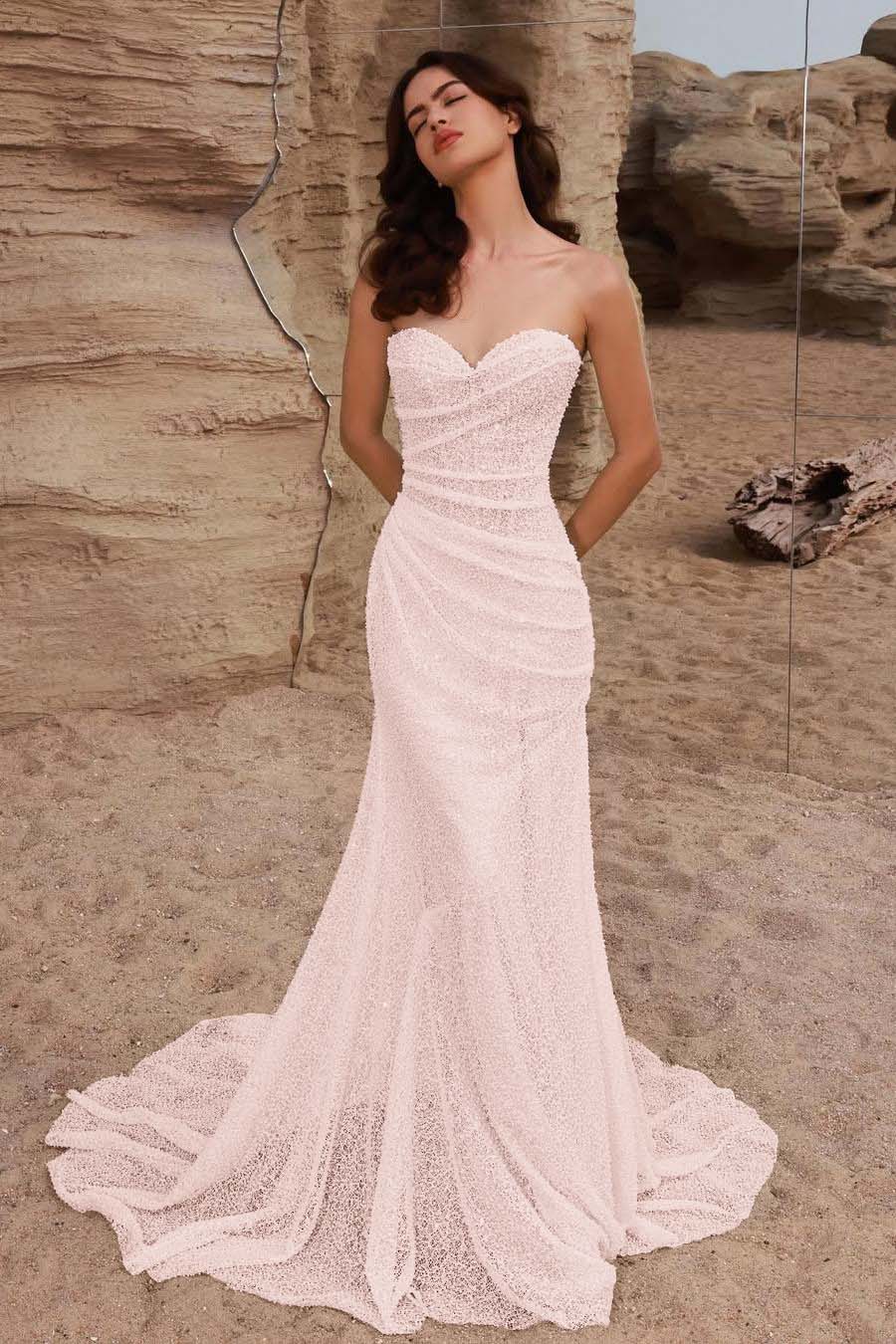 Strapless Sleeveless Long Mermaid Formal Dress With Pleated Sequins