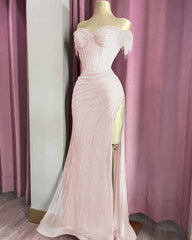 Off the Shoulder Sleeveless Long Split Formal Dress With Beading