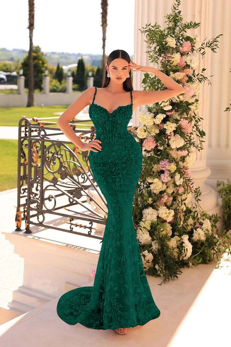 Spaghetti Strap Sleeveless Mermaid Appliques Long Formal Dress With Beadings