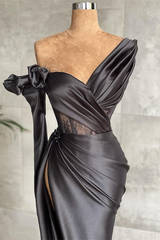 Black One Shoulder Long Sleeve Lace Pleated Long Formal Dress With Side Split