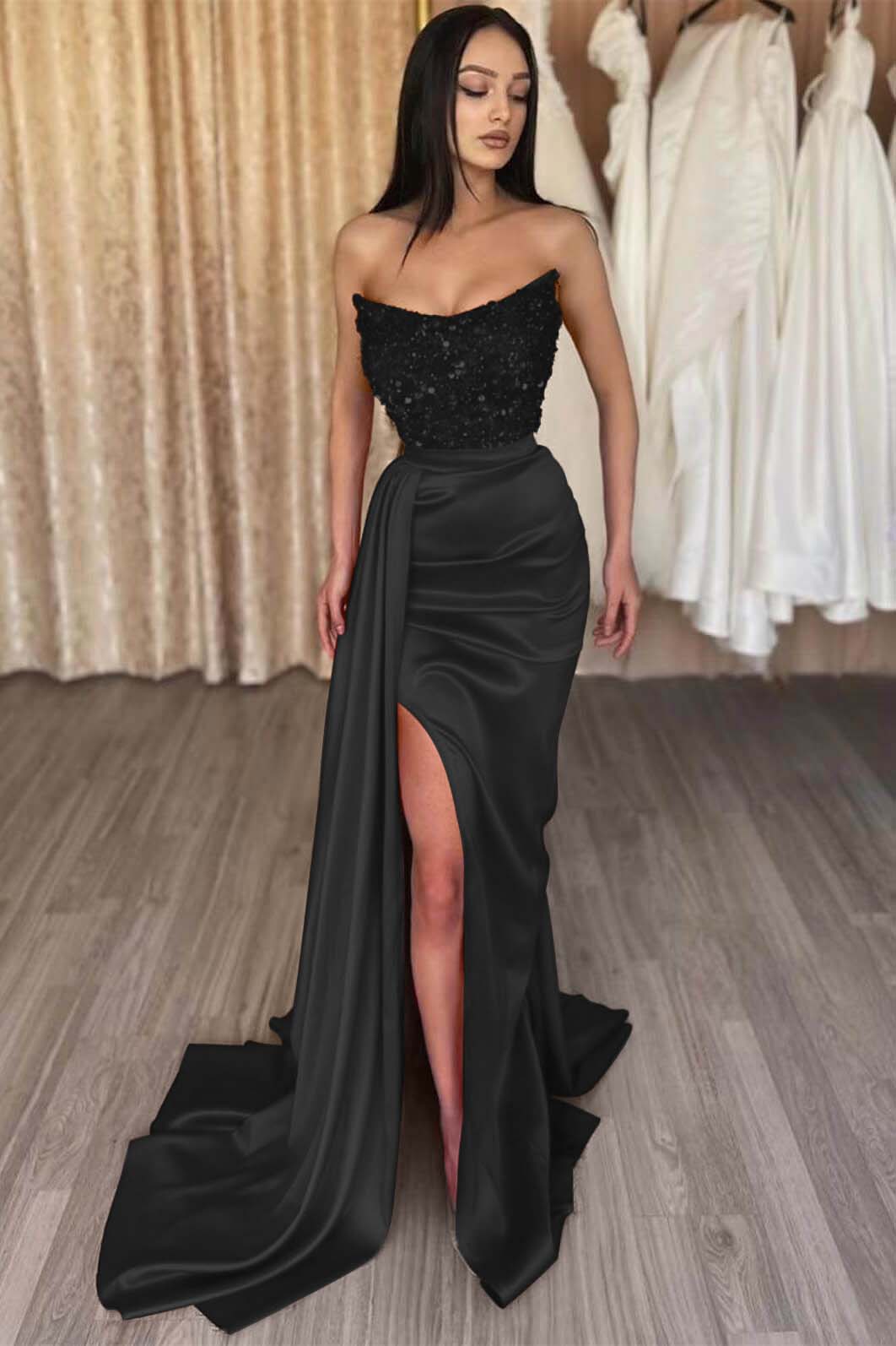 Red Strapless Elegant Sleeveless Long Sequins Formal Dress Mermaid Side Split
