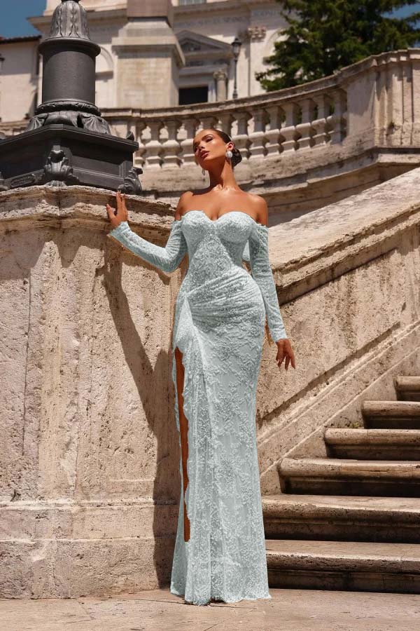 Off the Shoulder Long Sleeves Long Mermaid Formal Dress With Lace Appliques