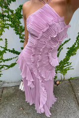 Stunning Halter Sleeveless Long Formal Dress With Pleated Ruffles