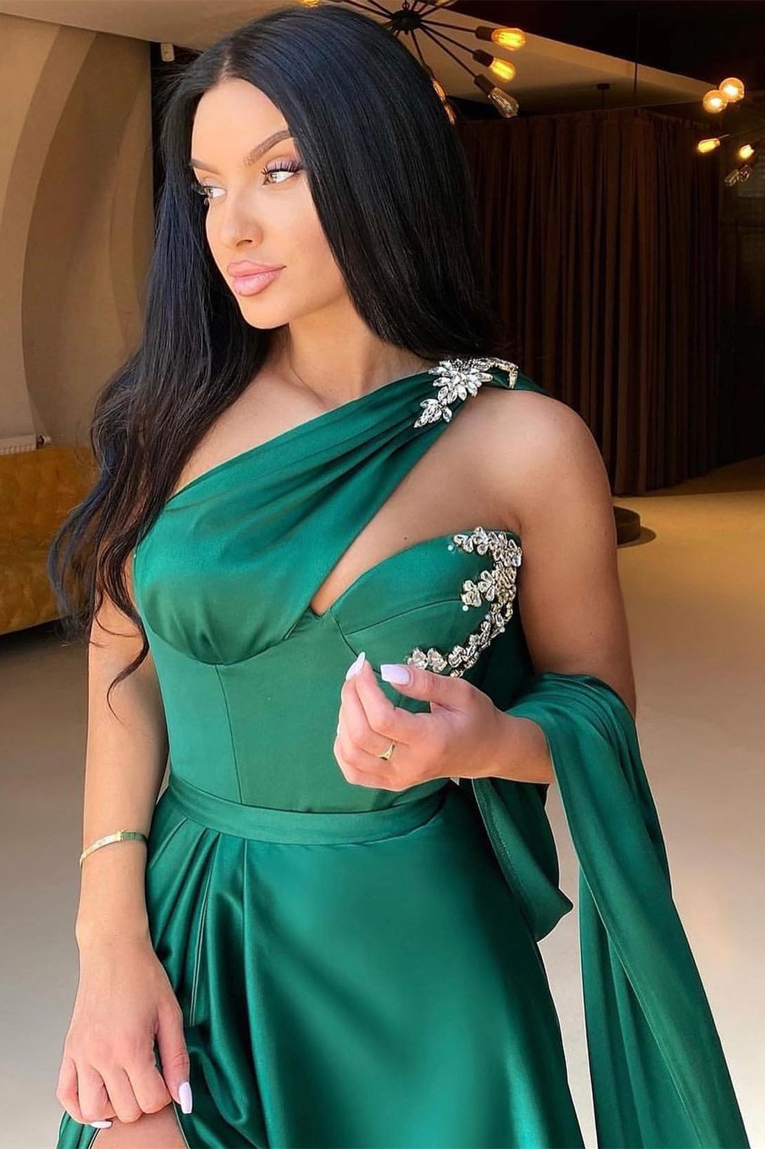 Newinlook Dark Green Split One-Shoulder Evening Dress Mermaid With Beadings