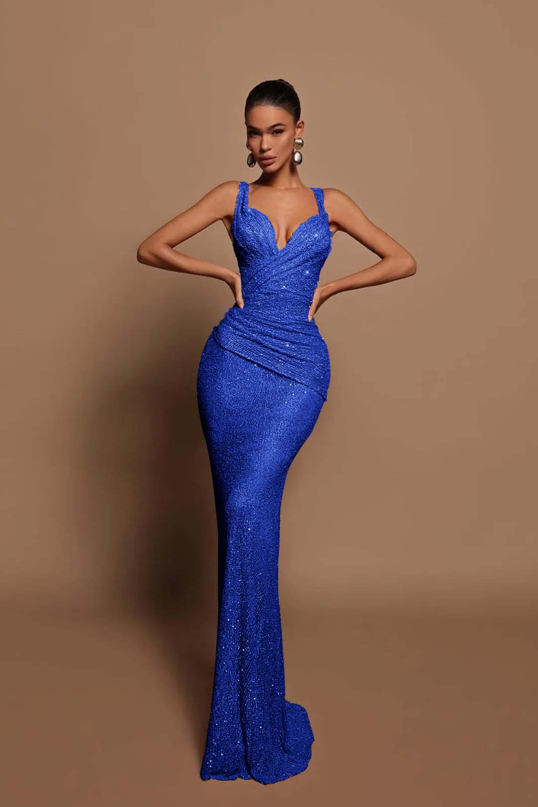 Sexy Pink Long Sequins Formal Dress V Neck Mermaid Sleeveless