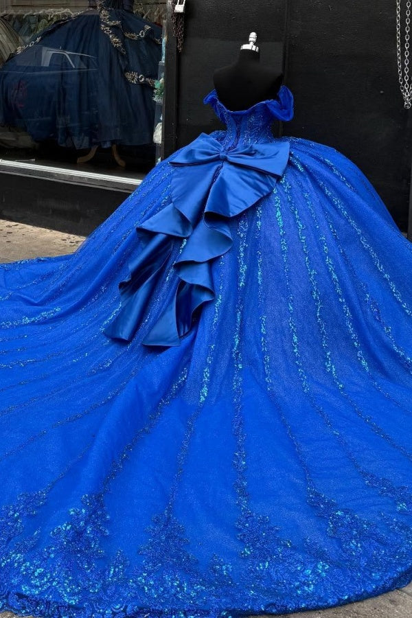 Royal Blue Beaded Ball Gown Off-Shoulder Sparkly Tulle Quinceanera Dress with Sequins & Bow Detail for Sweet 16 Evening & Formal Events