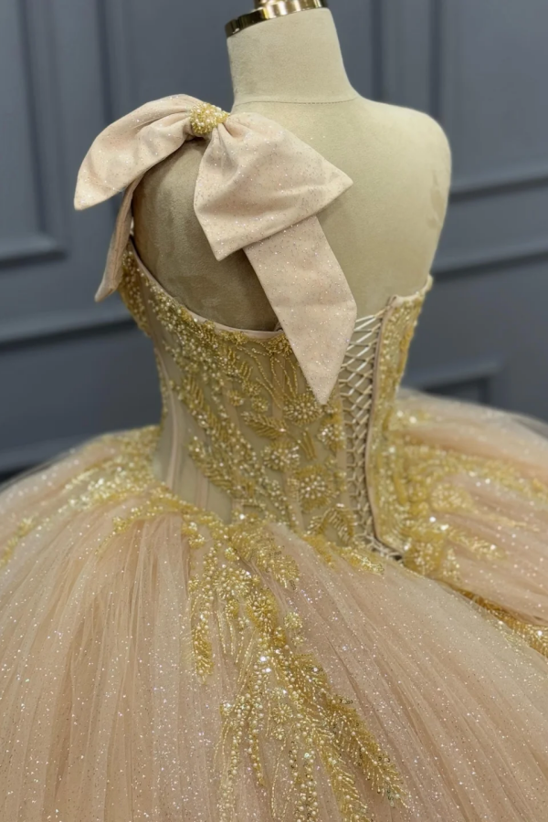 One-Shoulder Ball Gown with Beaded Bow Knot & Glitter Tiered Tulle Champagne Quinceanera & Sweet 16 Party Dress