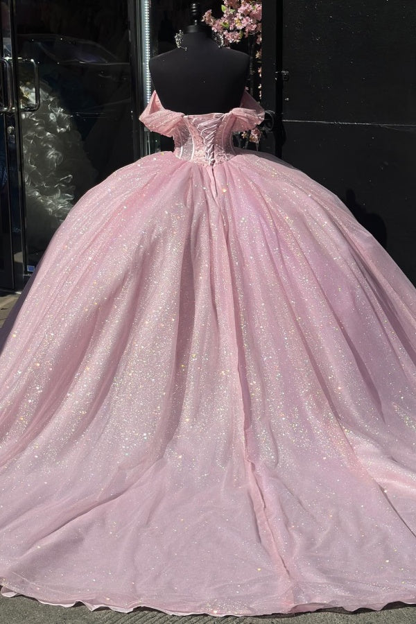 Off-Shoulder Ball Gown Beaded Pleated Tulle Quinceanera Dress for Sweet 16 & Birthday Parties