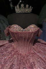 Off-Shoulder Ball Gown Sparkling Sequined Pink Tulle Quinceanera Dress with Beaded Crystal Details for Sweet 16 & Birthday Parties