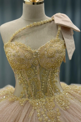One-Shoulder Ball Gown with Beaded Bow Knot & Glitter Tiered Tulle Champagne Quinceanera & Sweet 16 Party Dress