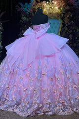 Pink Tulle Quinceanera Dress Strapless Ball Gown with 3D Butterflies Pleated Skirt & Bow Shawl for Sweet 16 & Formal Events